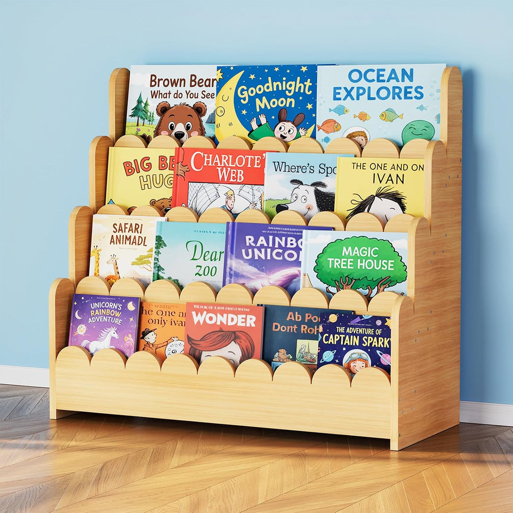 Spaceaid 4-Tier Scalloped Bookshelf, Montessori Bookcase For Toddlers, Wooden Book Shelf Organizer Display Furniture For Kids Rooms, Playroom, Nursery And Classroom, 29.6“ Wide, Natural