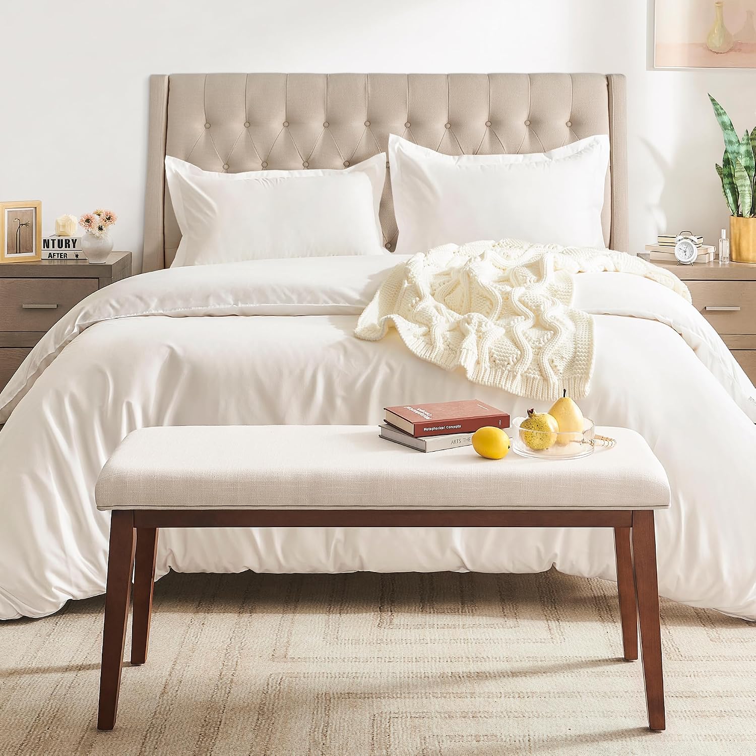 Upholstered Bench For Bedroom End Of Bed,42.5-Inch Entryway Bench For Living Room,Dining Bench With Padded Seat And Solid Wood Leg For Kitchen Bedroom,Indoor And Hallway (Bench, Beige)