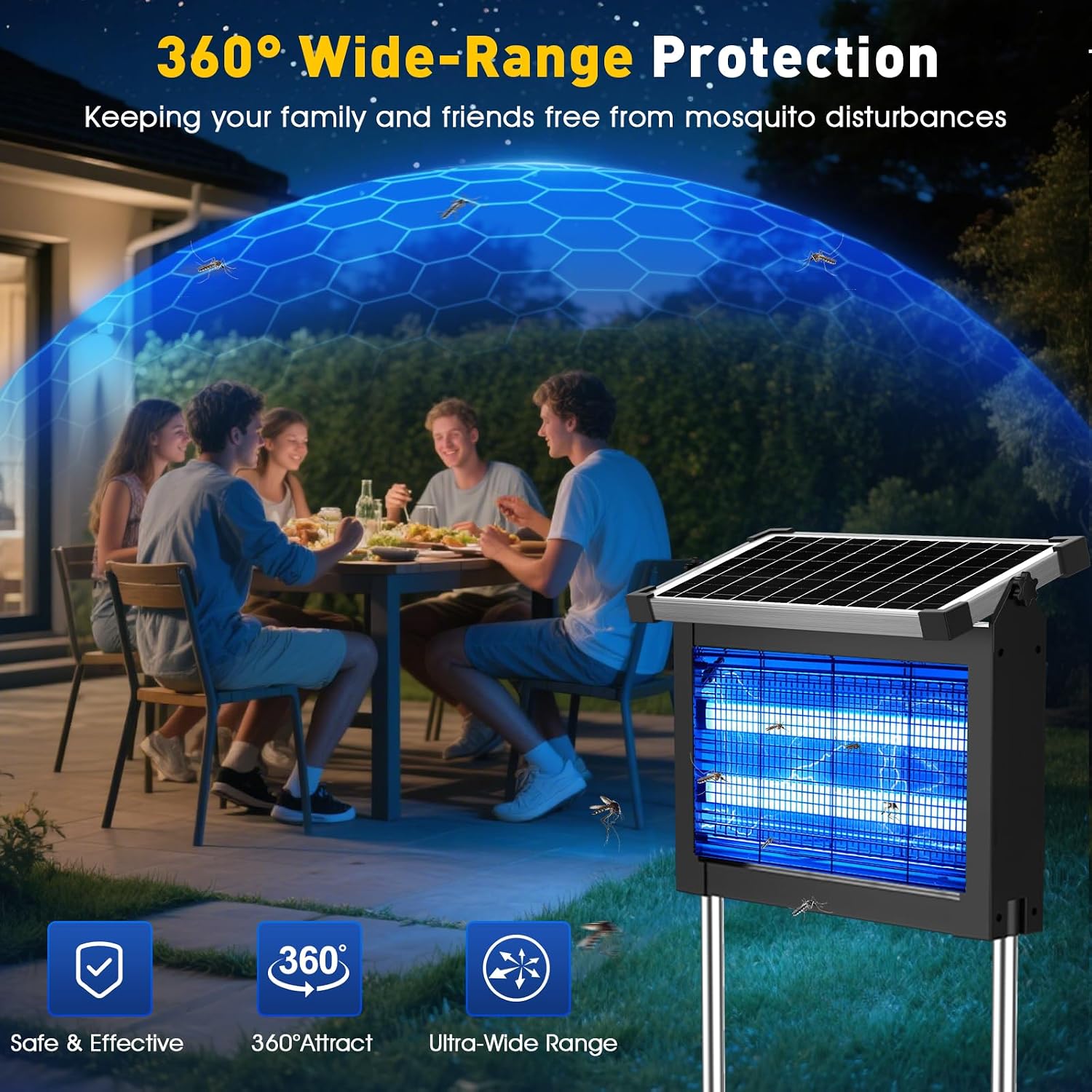 Solar Bug Zapper Outdoor, 4500V Solar Mosquito Zapper Outdoor Waterproof, 1/2 Acre Coverage Rechargeable Electric Fly Zapper, Cordless Portable Mosquito Traps For Backyard, Patio, Camping, Indoor