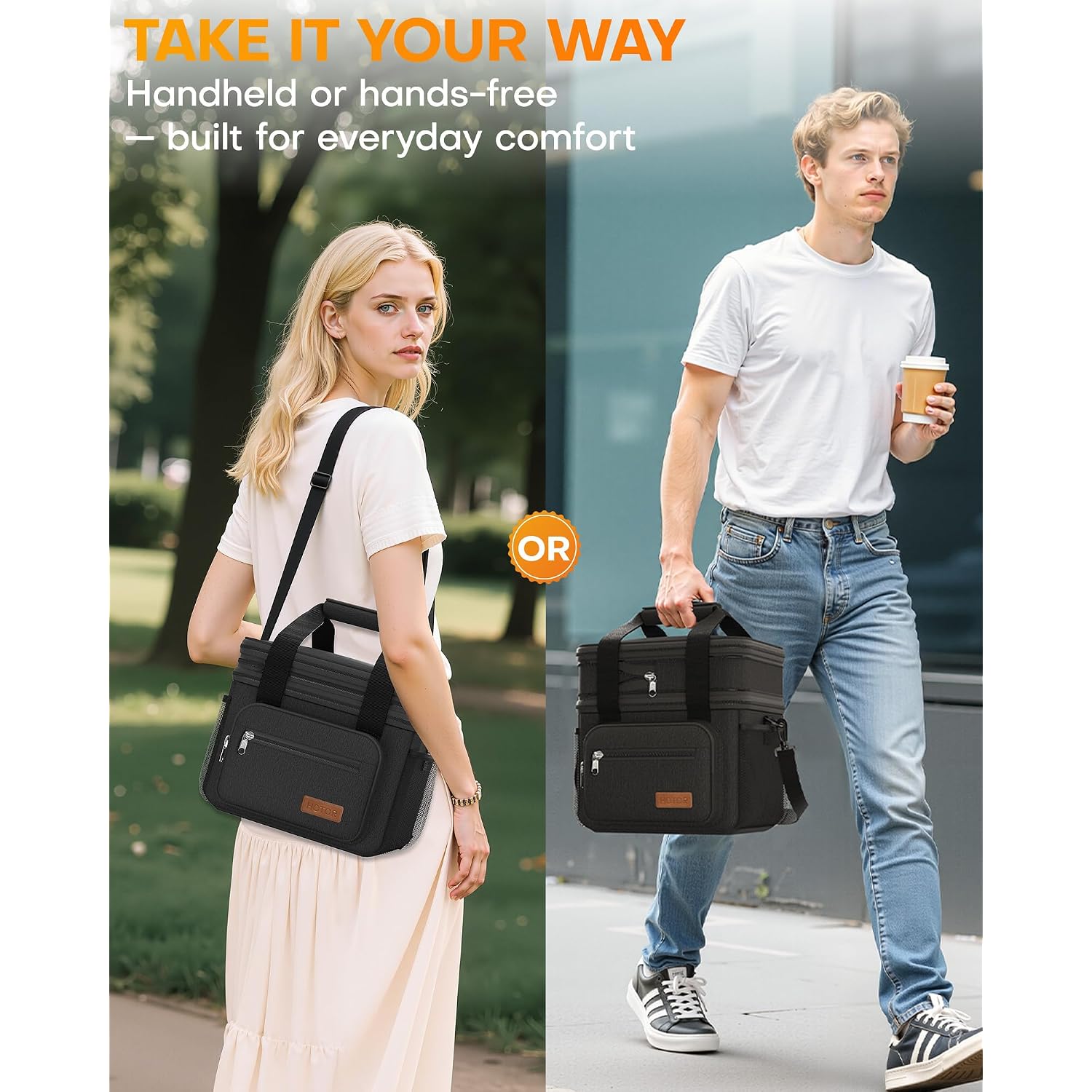 Hotor Lunch Box For Men & Women - Double-Layer Insulated Lunch Bag With Leakproof Liner, Portable Cooler For Work, Travel, Or Picnic, Black, 12L, 11.1" X 9.7" X 6.7"