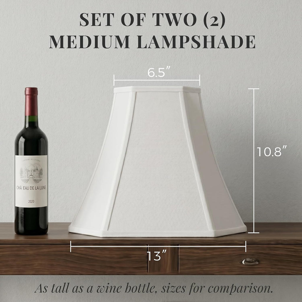 Lamp Shades Set Of 2, Includes Harps, White Medium Lampshades (6.5"X13"X10.8"), Classic Square Cut Corner Fabric Replacement Shade With Spider Fitter For Table Lamps, Classic Home Decor