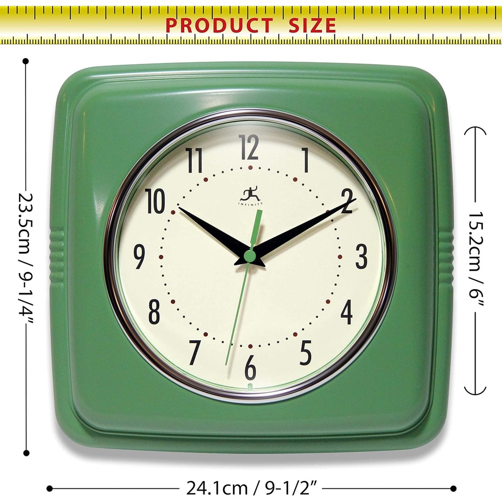 Infinity Instruments Square Silent Retro 9 Inch Mid Century Modern Kitchen Diner Retro Wall Clock Quartz Sweep Movement (Green)