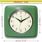 Infinity Instruments Square Silent Retro 9 Inch Mid Century Modern Kitchen Diner Retro Wall Clock Quartz Sweep Movement (Green)
