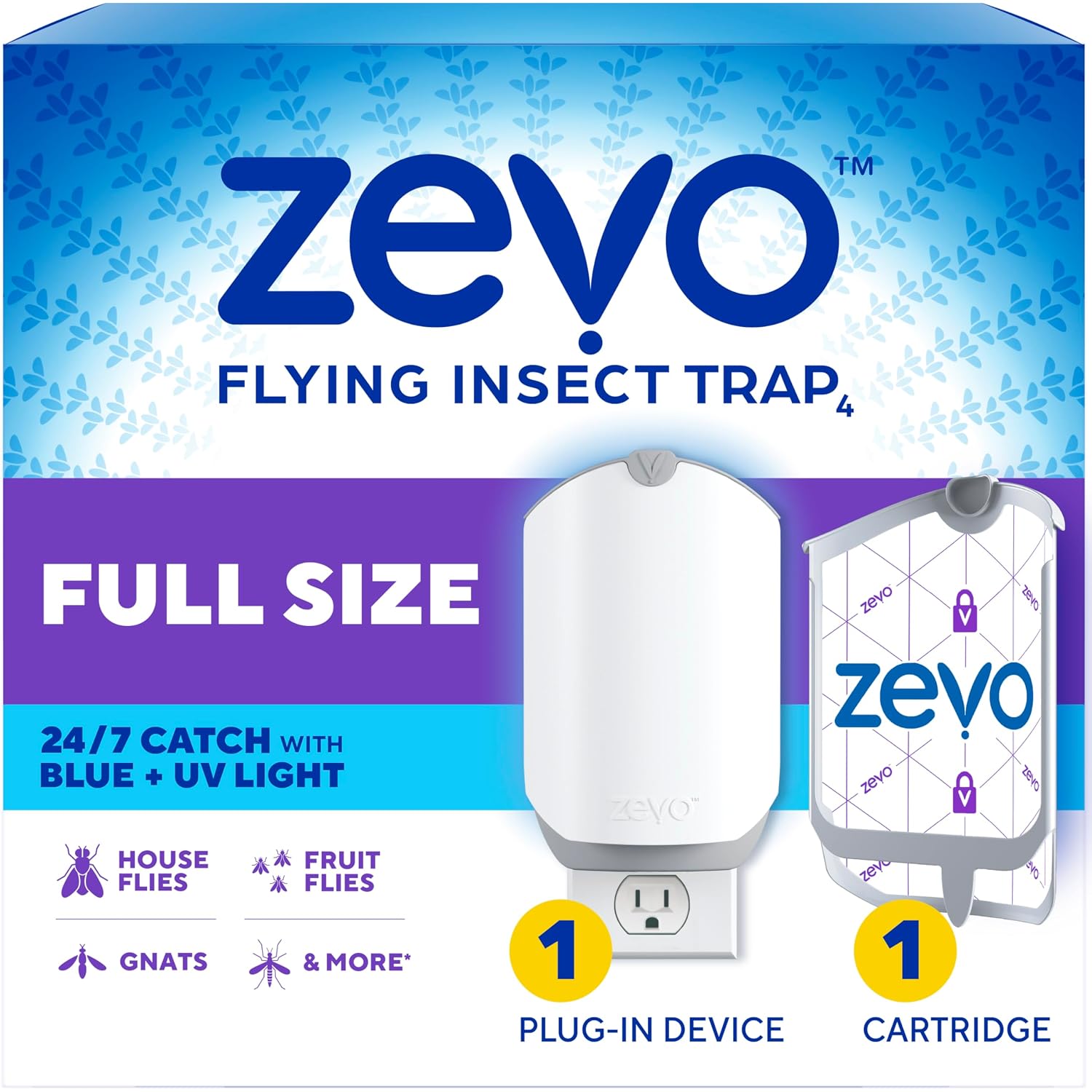 Zevo Flying Insect Trap - Plug-In Indoor Fly Trap And Bug Light Trap Refill With Blue And Uv Light - No-Mess Cartridge For House Flies, Fruit Fly Trap And Gnats (1 Plug-In Base And 1 Cartridge)