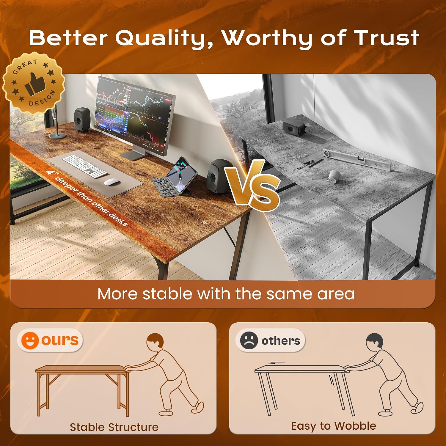 47 X 24 Inch Computer Desk With Deeper Desktop, Gaming Office Writing Work Desk For Home Office, Study, Bedroom, Work From Home, Metal Frame, Rustic Brown