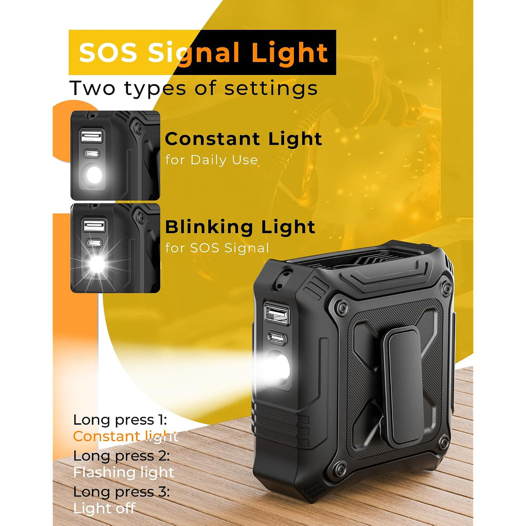 Tunise Portable Fan With 5-Speed Settings, Dual-Sided Clip On Wearable Belt Waist Fan For 8000Mah, 2 Settings Including Flashlight,Travel Essential For Outdoor Camping As Power Bank