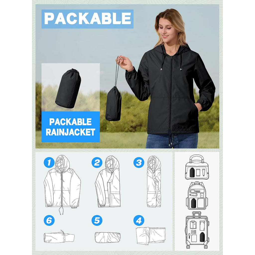 Womens Rain Jacket Lightweight Windbreaker Waterproof Raincoat Cycling Running Hiking Gear Hood Packable