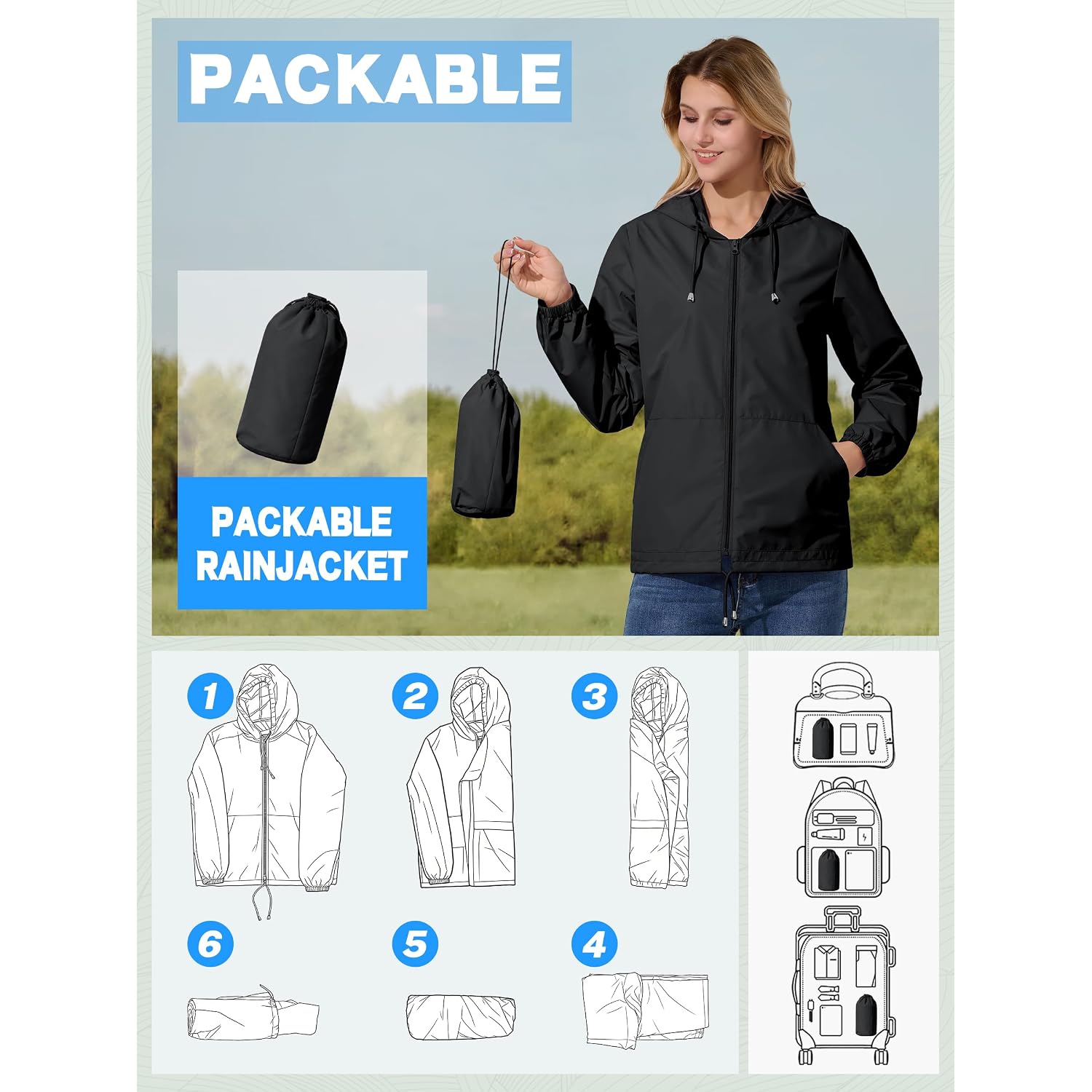 Womens Rain Jacket Lightweight Windbreaker Waterproof Raincoat Cycling Running Hiking Gear Hood Packable