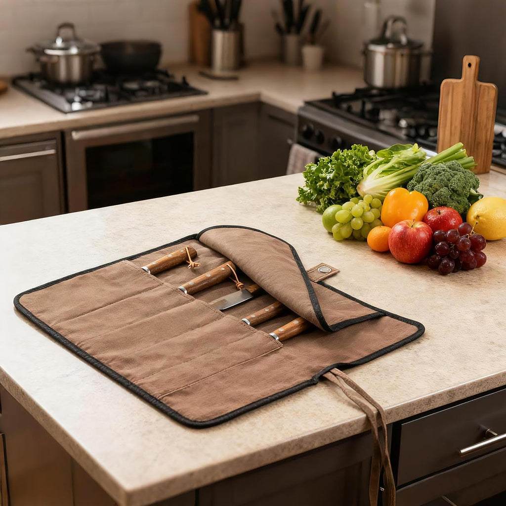 Vruifa Chef’S Knife Roll Bag, Portable Canvas Cases, Chef Bag With 5 Slots Pockets Can Hold Kitchen Knife Tools Up To 15 Inch