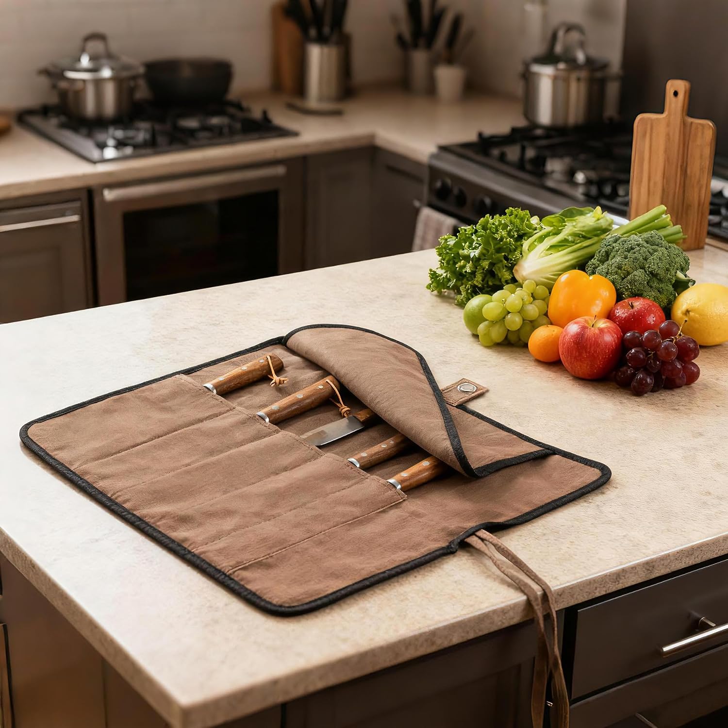Vruifa Chef’S Knife Roll Bag, Portable Canvas Cases, Chef Bag With 5 Slots Pockets Can Hold Kitchen Knife Tools Up To 15 Inch