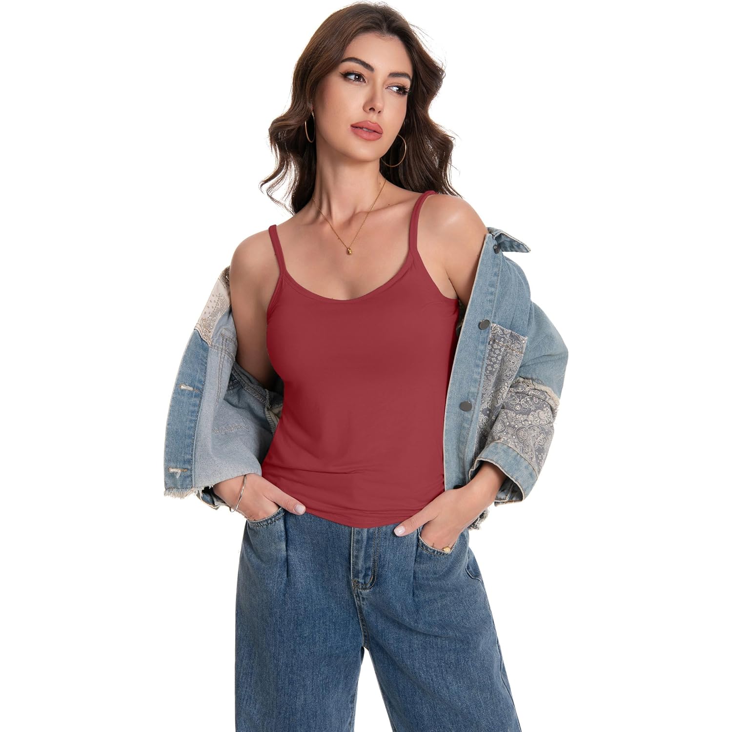 Women Camisole Tank Top - Built-in Bra Adjustable Spaghetti Strap Scoop Neck Padded Casual Basic Cami Shirt
