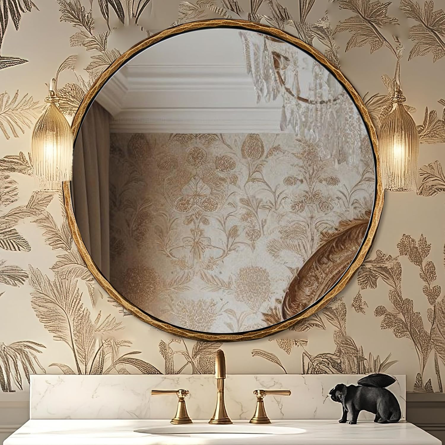 36 Inch Hand-Forged Round Gold Mirrors, Hammered Bathroom Round Wall Mirror For Over Sink, Solid Steel Metal Frame Vanity Circle Mirror For Antique, Vintage, Farmhouse, Rustic
