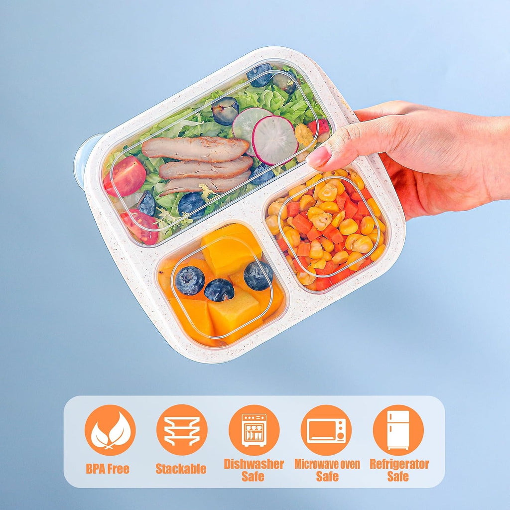 Touwmx Bento Box For Kids, 4 Pack 3 Compartments Meal Prep Containers Reusable Lunch Containers, Food Storage Containers With Lids, Stackable Snack Boxes For School, Work, And Travel