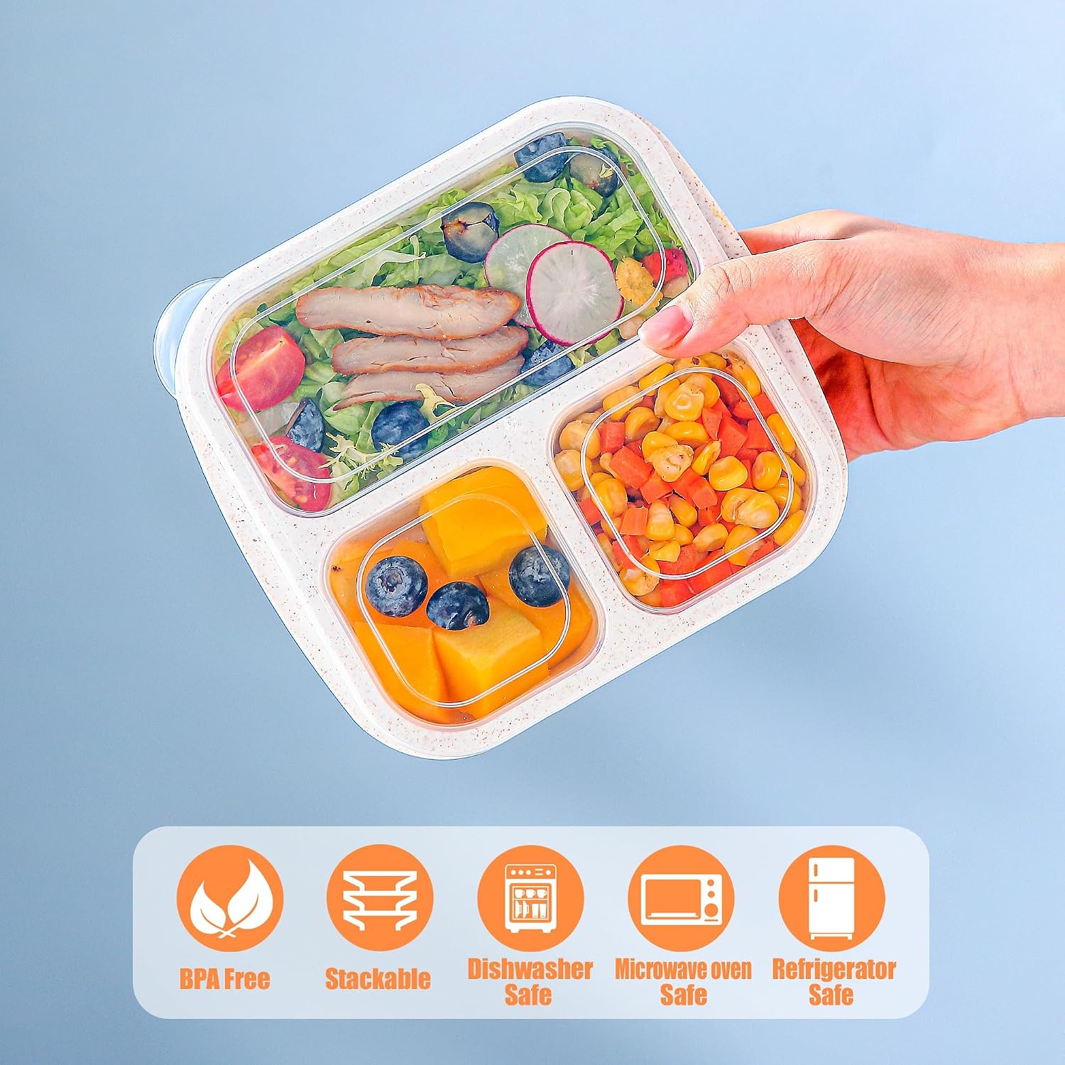 Touwmx Bento Box For Kids, 4 Pack 3 Compartments Meal Prep Containers Reusable Lunch Containers, Food Storage Containers With Lids, Stackable Snack Boxes For School, Work, And Travel