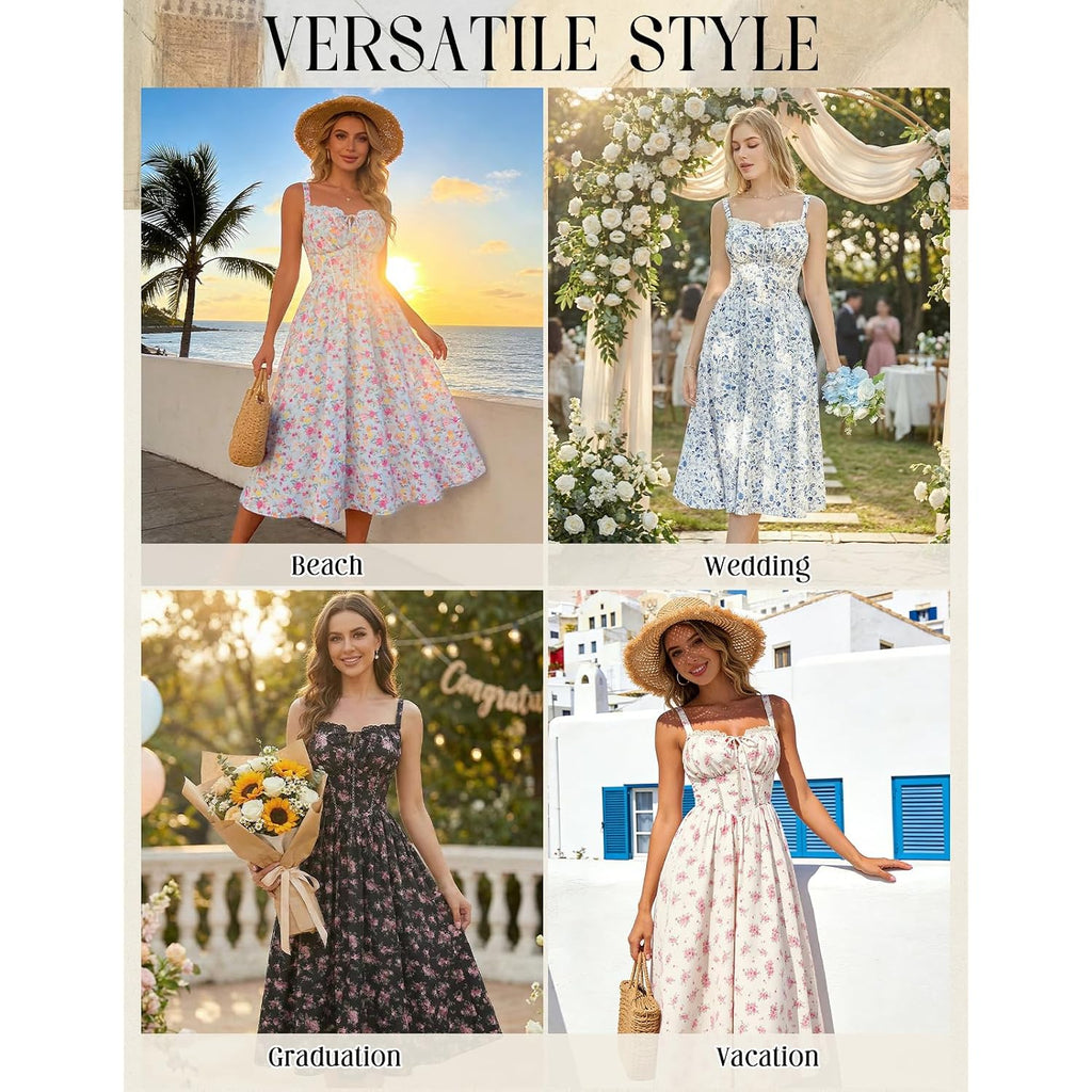 Scarlet Darkness Women 2026 Floral Corset Dress Summer Milkmaid Sundress | Cutout Waist, Smocked Back, Pockets, For Casual, Wedding Guest, Tea Party, Vacation