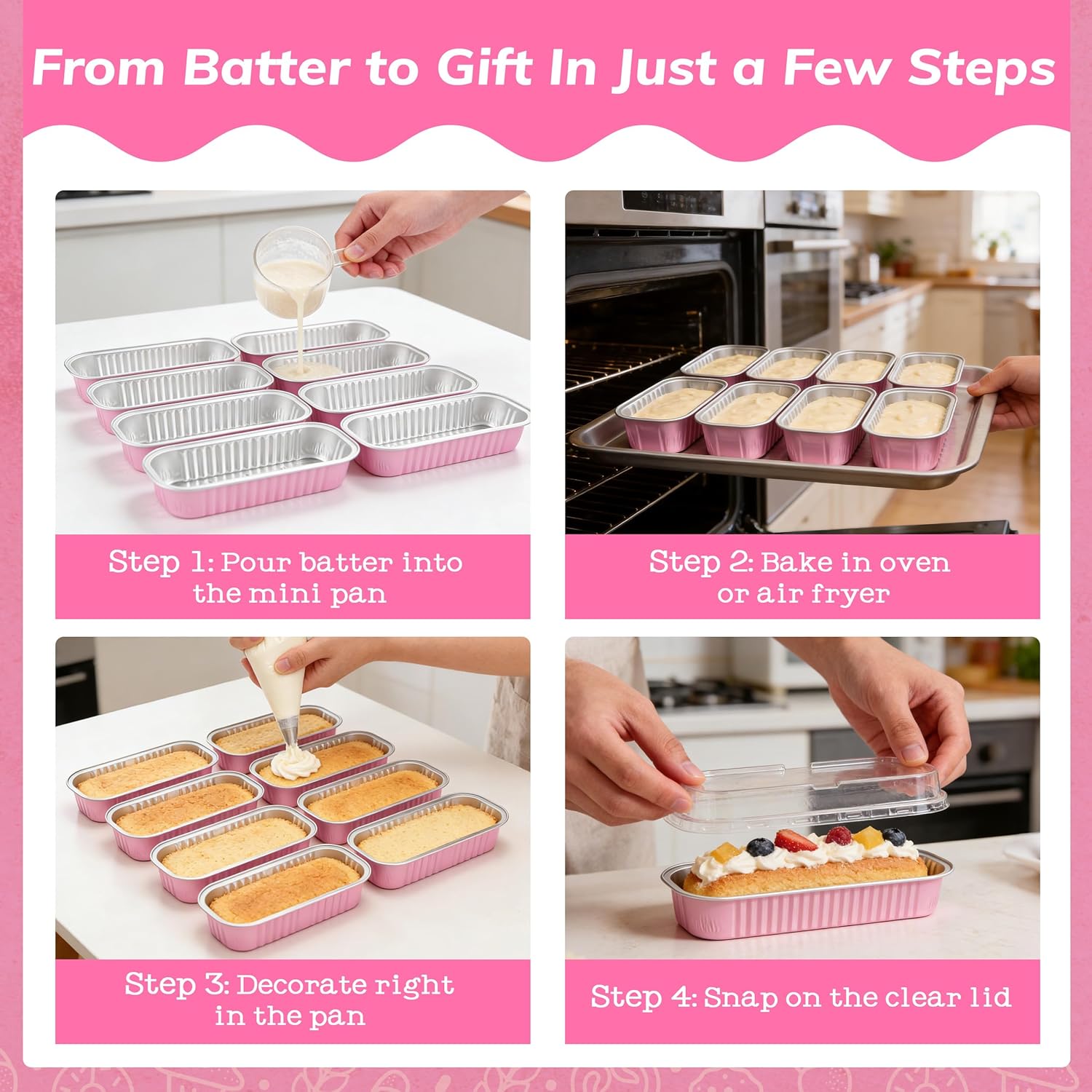 NPLUX Mini Cake Pans with Lids and Spoons, 50 Pack Pink Mini Loaf Pans with Lids, Mini Cake Containers for Baking, Mini Cheesecake and Party Desserts, Individual Cake Pans with Lids