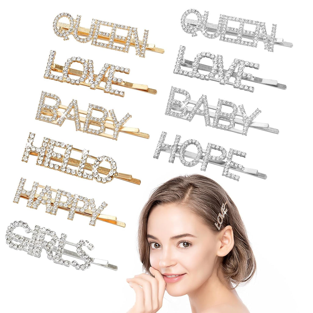 10 Pieces Words Letter Hair Pins, Glitter Rhinestone Hair Clips Bobby Pins Bling Crystal Letter Barrettes Hair Accessories for Women Wedding, Prom, Party