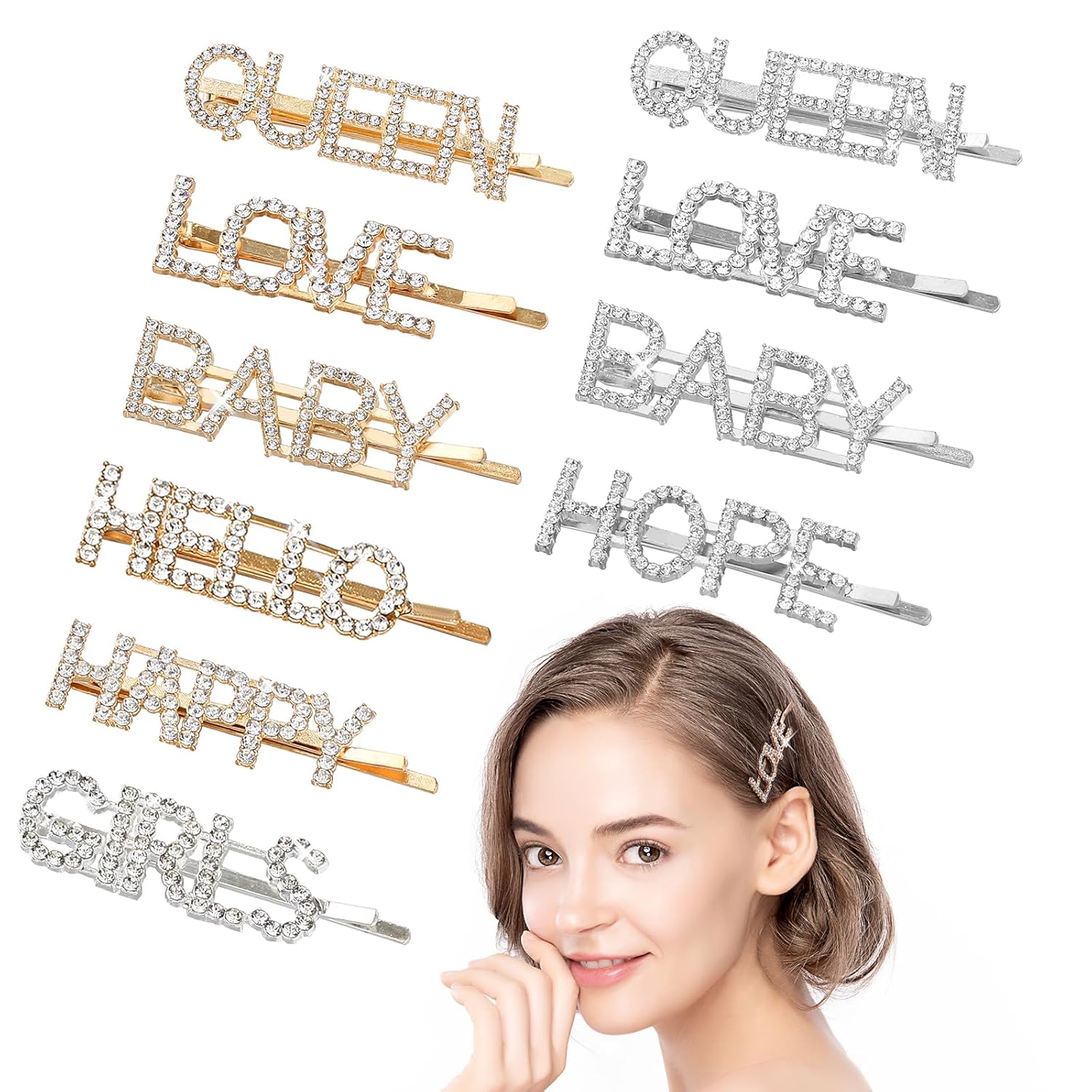 10 Pieces Words Letter Hair Pins, Glitter Rhinestone Hair Clips Bobby Pins Bling Crystal Letter Barrettes Hair Accessories for Women Wedding, Prom, Party