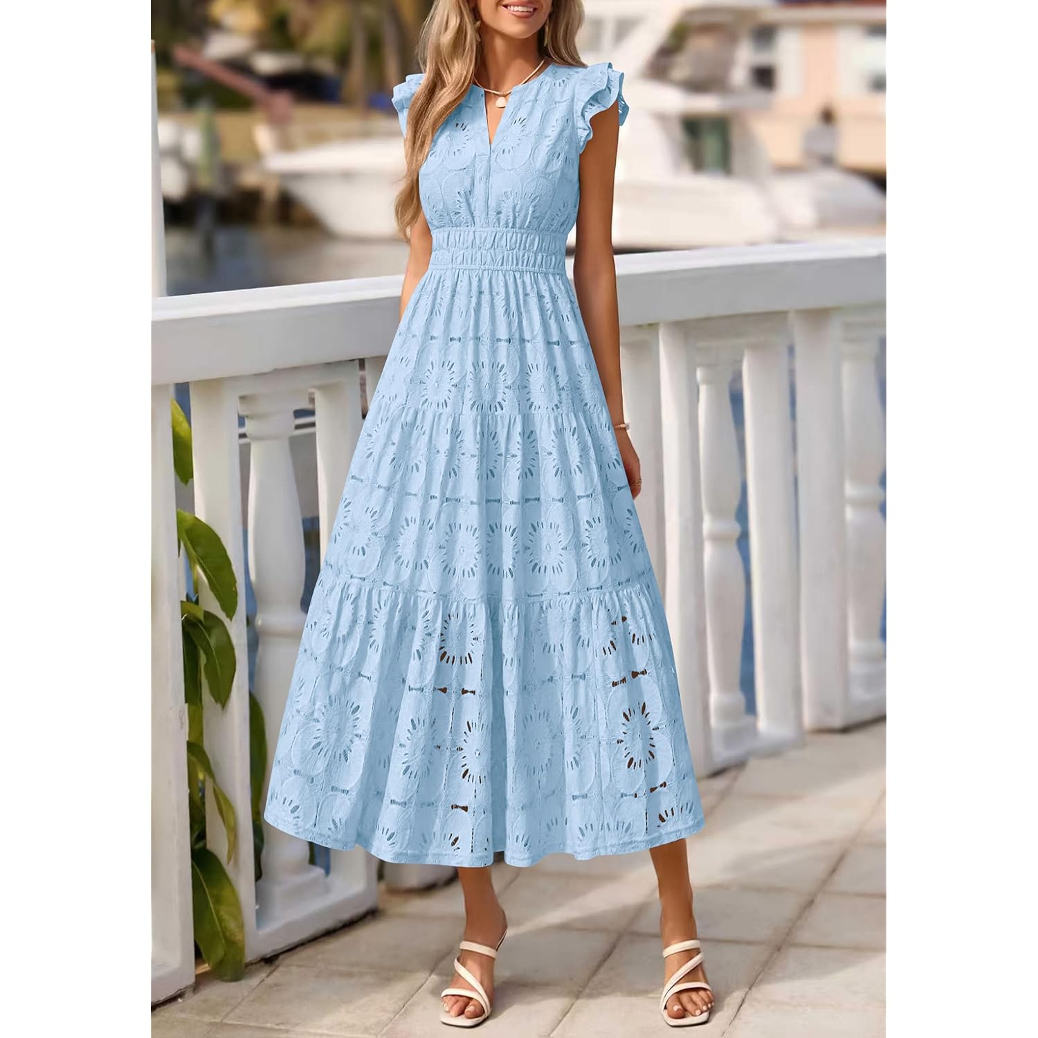 Prettygarden Womens Boho Maxi Dresses 2026 Summer Floral Lace Eyelet V Neck Spring Wedding Guest Dress Beach Vacation Clothes