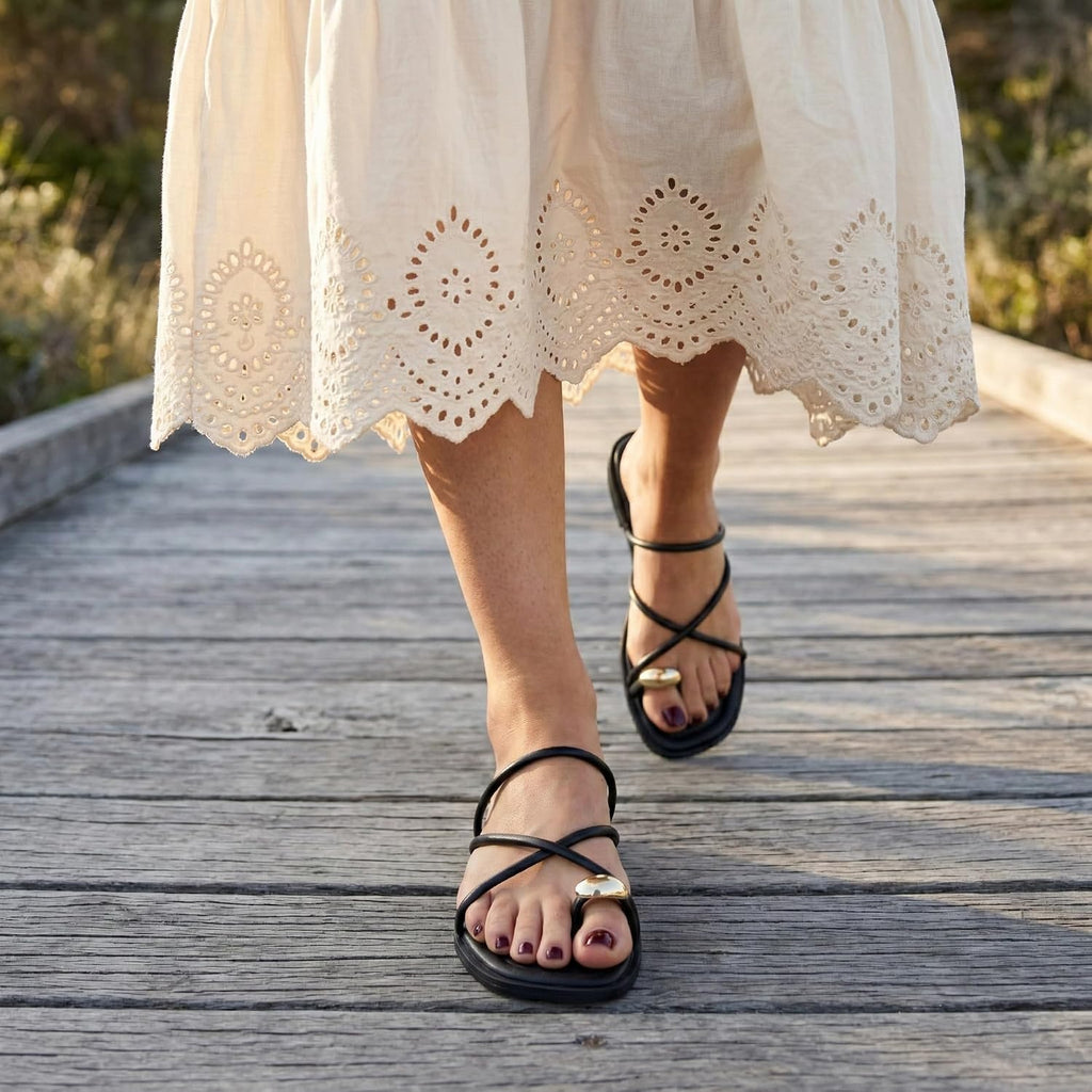 Cushionaire Venue Women’S Strappy Toe-Loop Slide Sandals With Gold-Tone Accent & Memory Foam Comfort