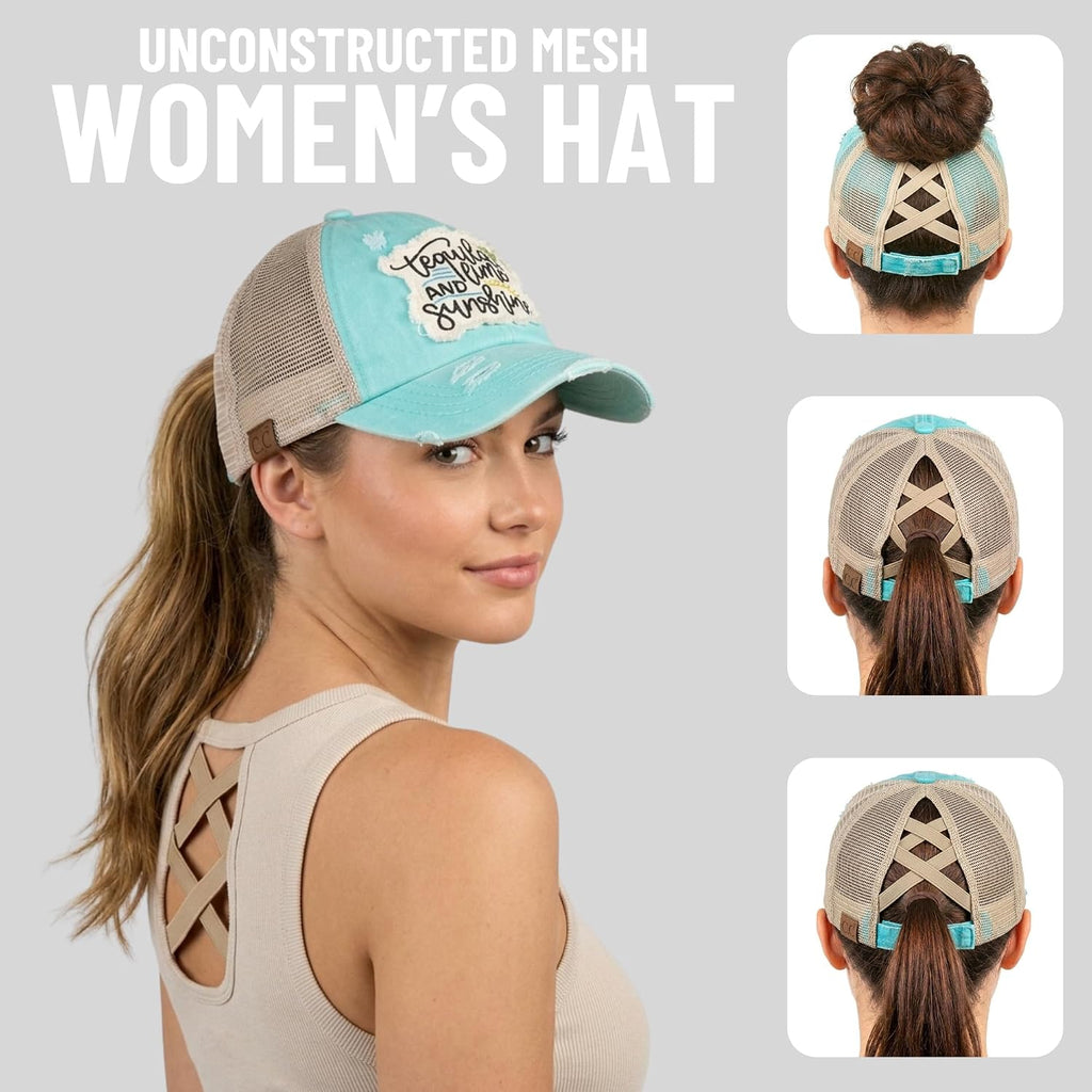 Funky Junque Ponytail Hats For Women - Funny Baseball Cap With Sayings, Criss Cross Back High Pony Adjustable Hat
