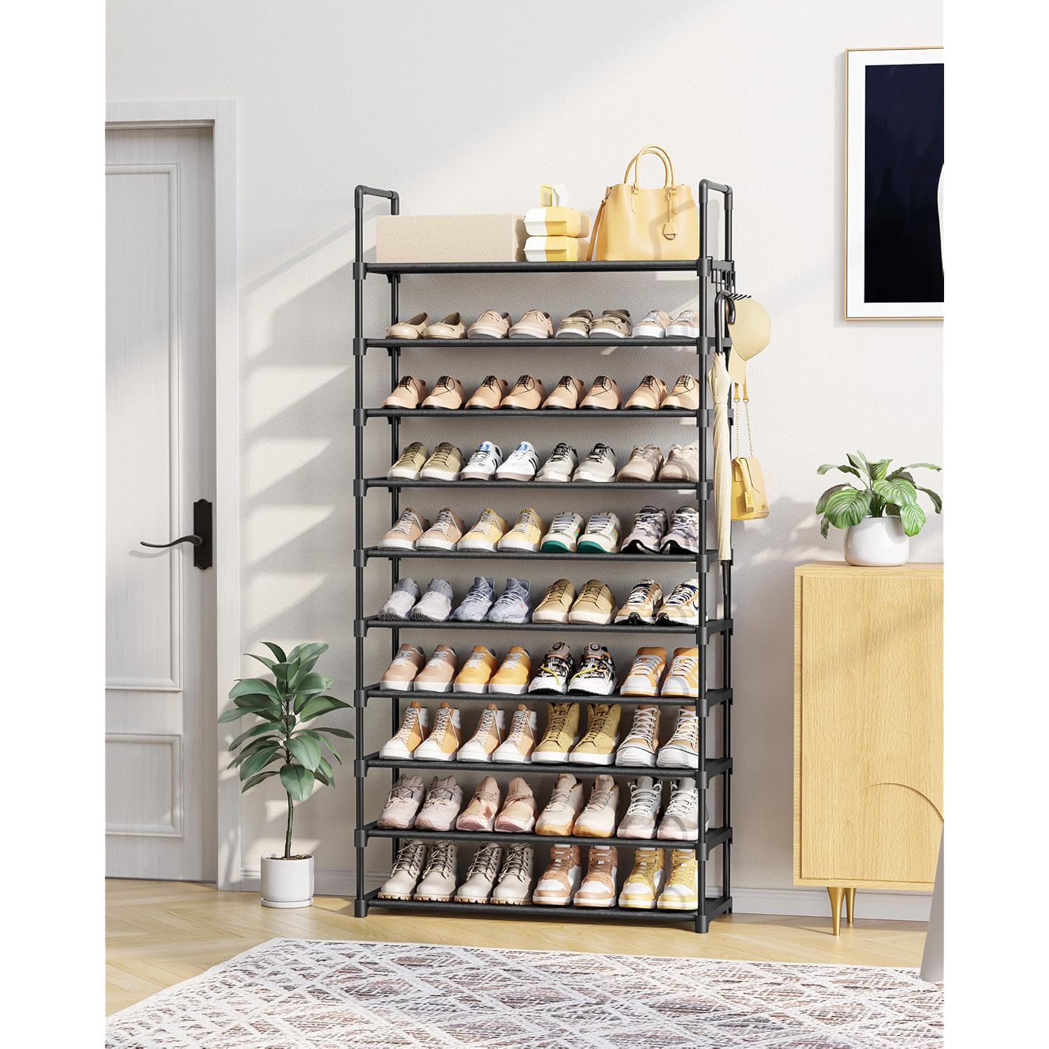 Kitsure Shoe Rack for Closet - 10-Tier Shoe Organizer with Hook Rack, Large-Capacity & Space-Saving Shoe Shelf for Entryway, Bedroom, Living Room,32.2" x 11.8" x 68.5", Black