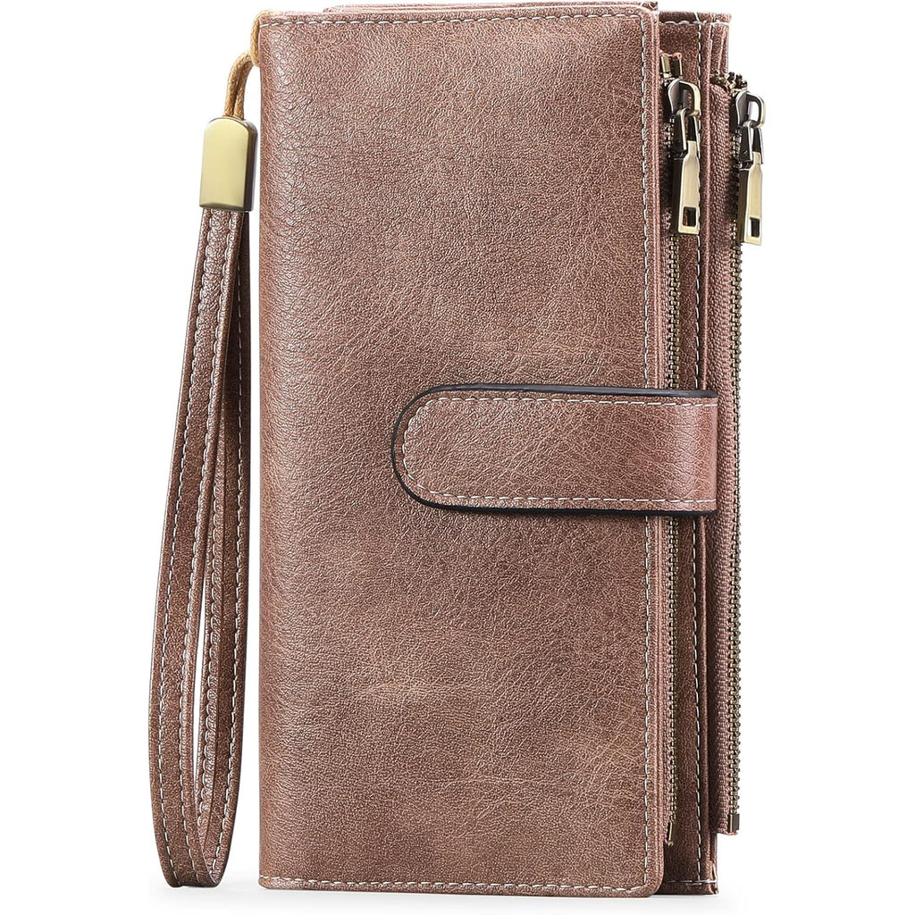 GOIACII Wallet for Women RFID Blocking Ladies Wristlet Soft Leather Credit Card Holder Large Capacity Double Zipper 5 ID Windows Dusty Pink