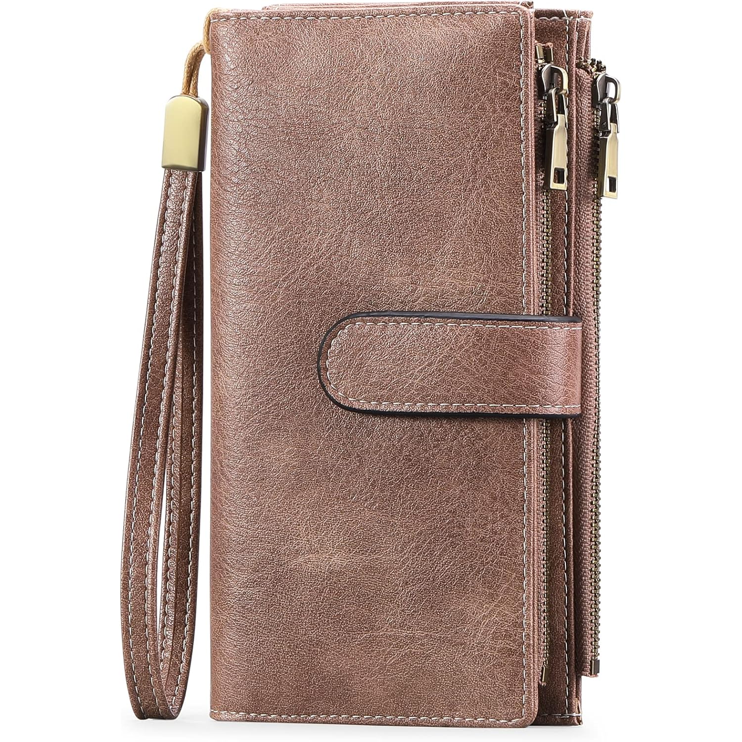 GOIACII Wallet for Women RFID Blocking Ladies Wristlet Soft Leather Credit Card Holder Large Capacity Double Zipper 5 ID Windows Dusty Pink