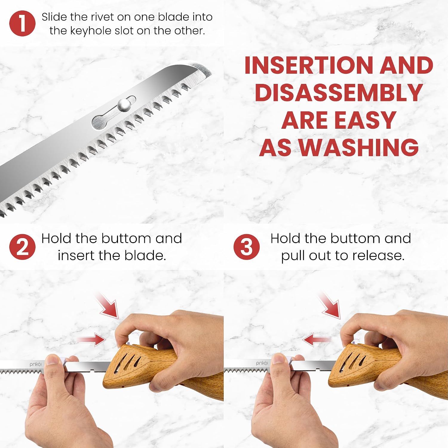 Prikoi Electric Knife - Carving Knife Set, Easy-Slice Serrated Edge Blades For Meat, Bread, Turkey, Ribs, Fillet, Diy, Ergonomic Handle + 2 Blades For Raw & Cooked Food New Upgrade(Faux Wood)