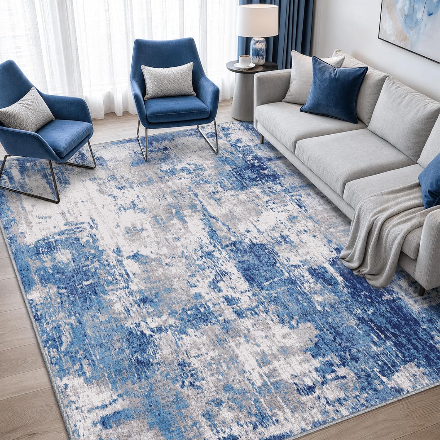 Releany Washable Area Rugs 5'X7' Non-Slip Modern Abstract Soft For Living Room Entryway Bedroom Kitchen, Print Pattern, Blue Grey Navy Gray