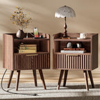 Huuger Nightstand With Charging Station, Usb-C Port, Fluted Night Stand Set Of 2, Bed Side Table With Drawer, Solid Wood Feet, Open Storage, End Table With Raised Edge, For Bedroom, Walnut