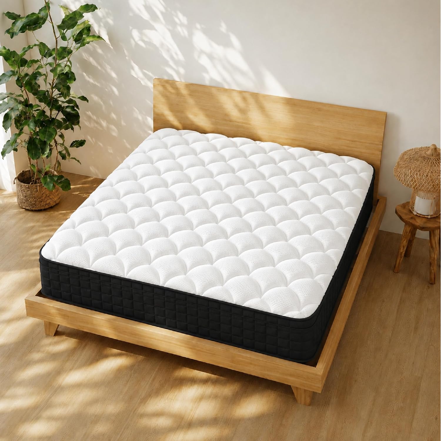 Full Size 12 Inch Hybrid Innerspring Mattress, Individual Pocket Coils Gel Memory Foam, Medium Soft Black & White Cover, Fiberglass Free Certipur-Us Certified Compressed Bed In A Box, 54" X 75"