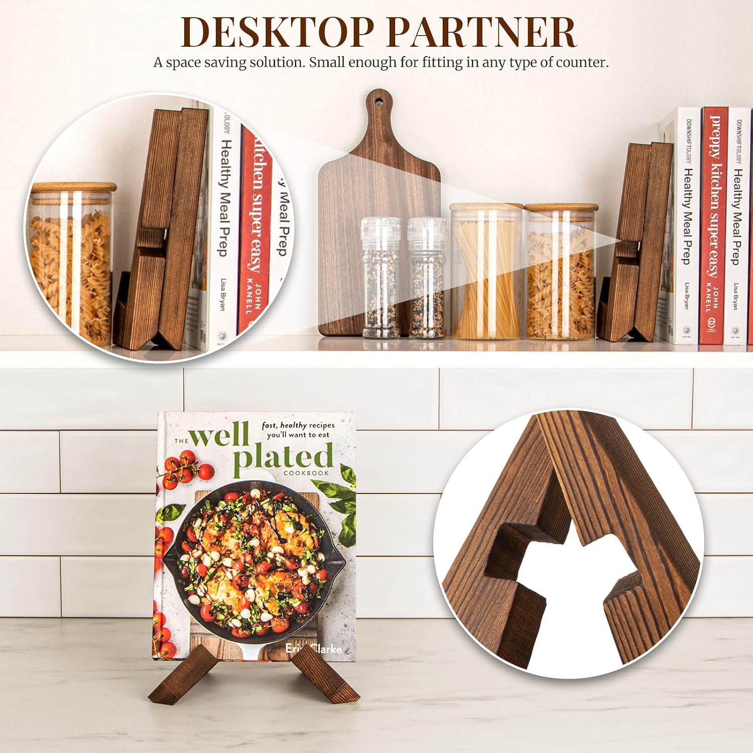 Cookbook Stand For Kitchen, Recipe Book Holder For Kitchen Counter, Wooden Cookbook Holder, Rustic Cook Book Holder Stand - Rustic Brown - 1 Set