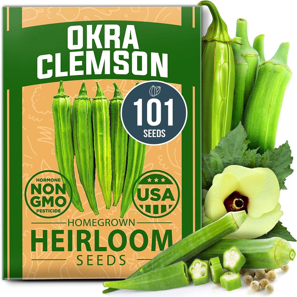 Home Grown Clemson Spineless Okra Seeds 101+ Heirloom Non-Gmo Vegetable Seeds For Planting, Easy To Grow Summer Garden, High Germination, Heat Tolerant, Tender Green Pods (Abelmoschus Esculentus)