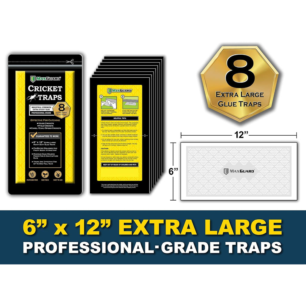 Maxguard Extra Large Cricket Traps (8 Traps) | Non-Toxic Extra Sticky Glue Board Pre-Baited Cricket Attractant Trap & Kill House Crickets, Insects, Spiders, Bugs