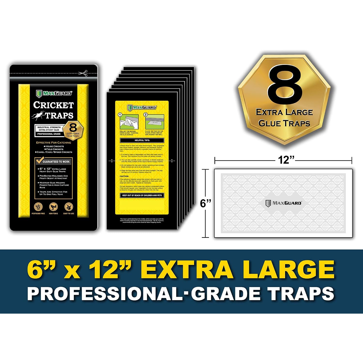 Maxguard Extra Large Cricket Traps (8 Traps) | Non-Toxic Extra Sticky Glue Board Pre-Baited Cricket Attractant Trap & Kill House Crickets, Insects, Spiders, Bugs