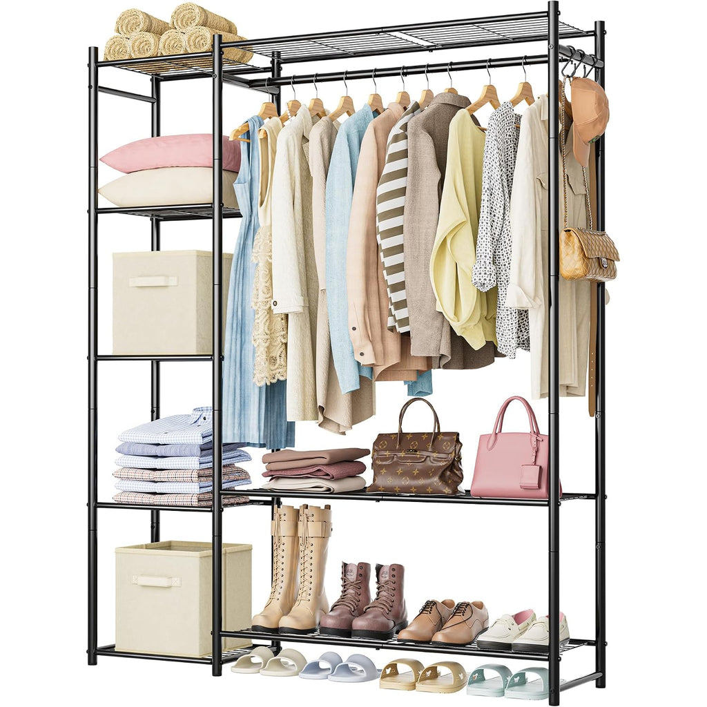 Wardrobe Closet,Portable Clothes Rack With 4 Tiers Shelves,Freestanding Closet Organizers And Storage System With Hanging Rods,Steel Clothing Rack Suitable For Cloakrooms,Bedrooms,Entrances,Etc.Black