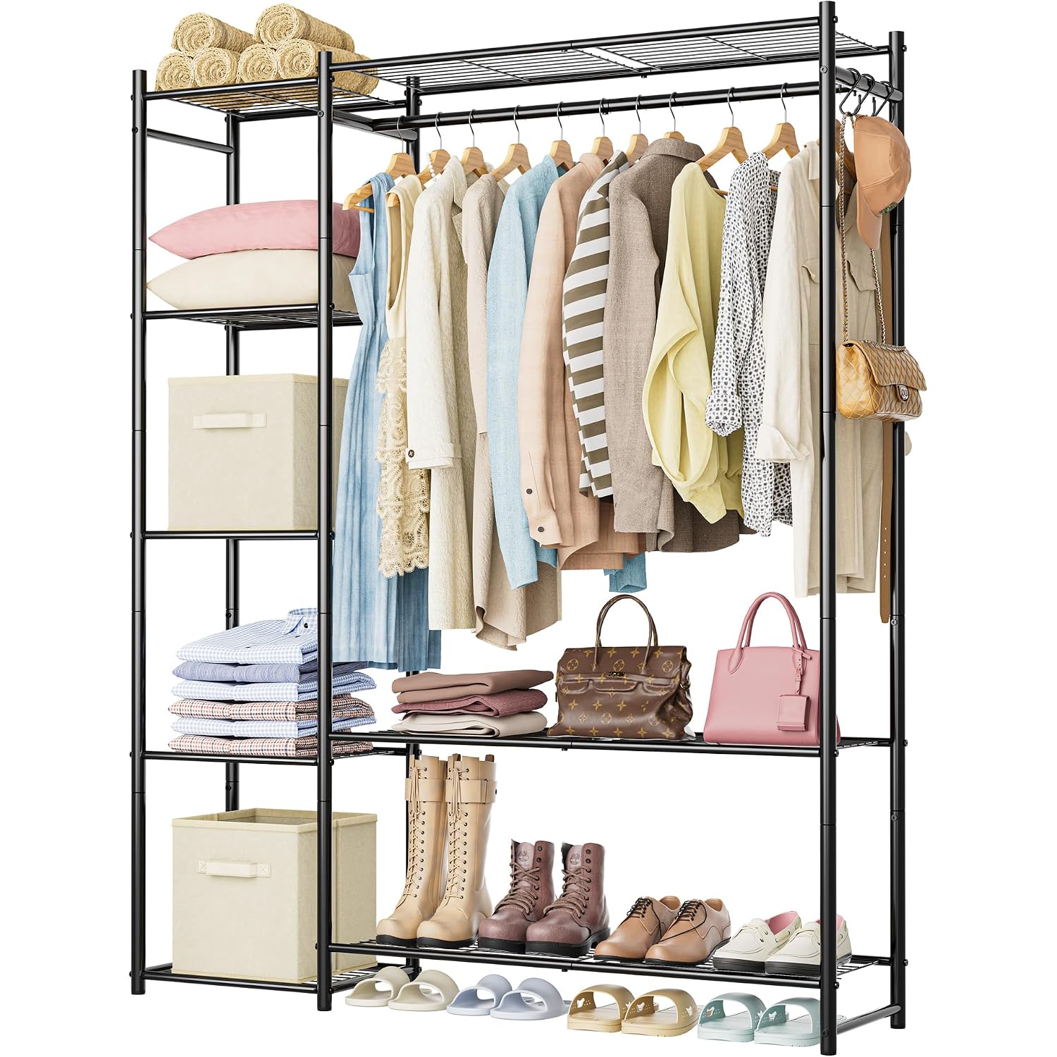Wardrobe Closet,Portable Clothes Rack With 4 Tiers Shelves,Freestanding Closet Organizers And Storage System With Hanging Rods,Steel Clothing Rack Suitable For Cloakrooms,Bedrooms,Entrances,Etc.Black