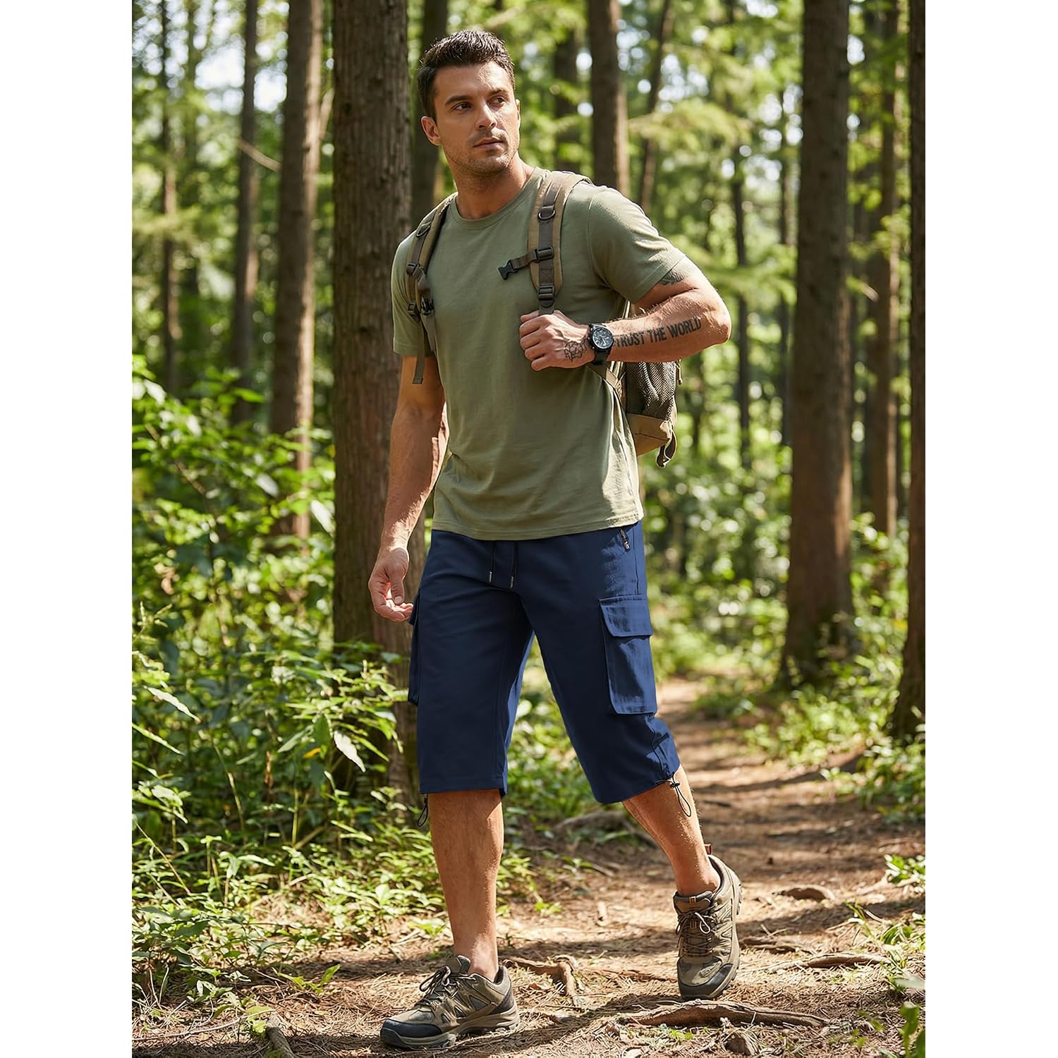 Jmierr Men'S 3/4 Length Cargo Shorts Elastic Waist Capri Pants With Zipper Pockets