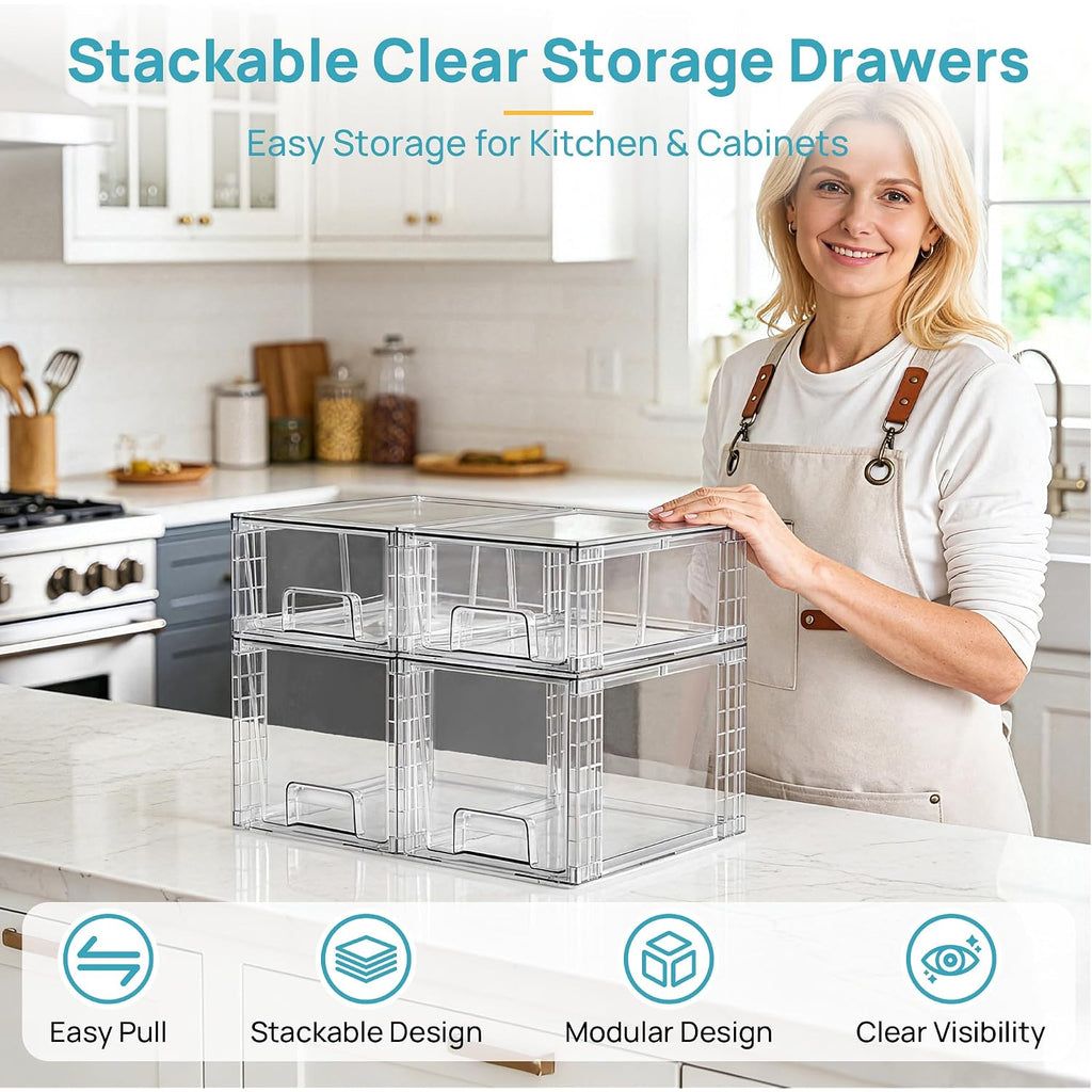 Vtopmart 4 Pack Clear Stackable Storage Drawers,Under Sink And Kitchen Organizers Storage,Easy To Assemble Plastic Drawers For Baby Bottle,Medicine, Bathroom,Cabinet And Pantry Organization