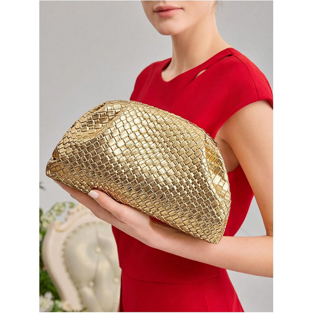 QWINEE Women's Woven Evening Bag Dumpling Clutch Purse No Strap Handbags Elegant Faux PU Leather Clutch Bag | Woven, No Strap, Elegant, Faux PU Leather