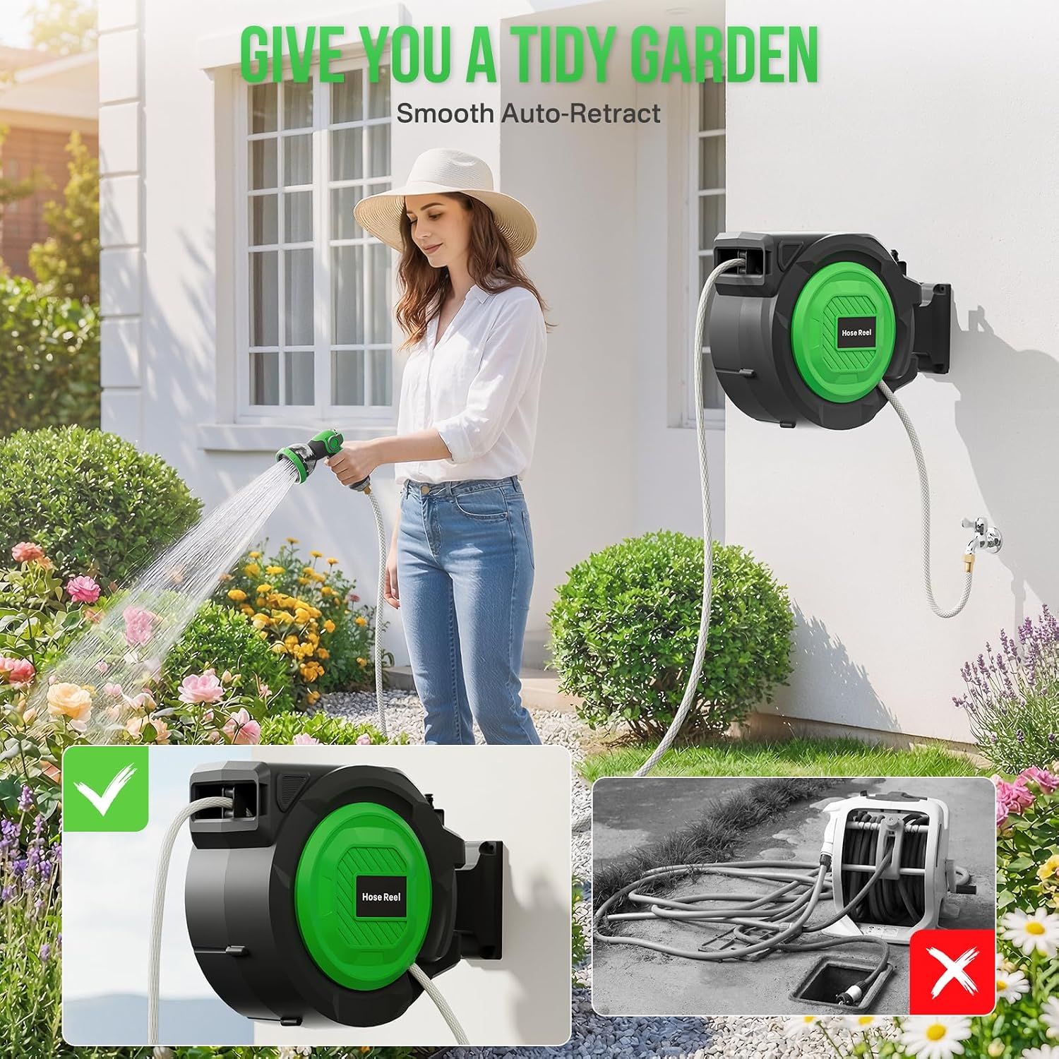 Retractable Garden Hose Reel, 1/2 In X 100 Ft Automatic Slow Rewind System & Any Length Lock, Heavy Duty Wall-Mounted Hose Reel With 180° Swivel Bracket,10-Pattern Nozzle For Outside Watering,Cleaning