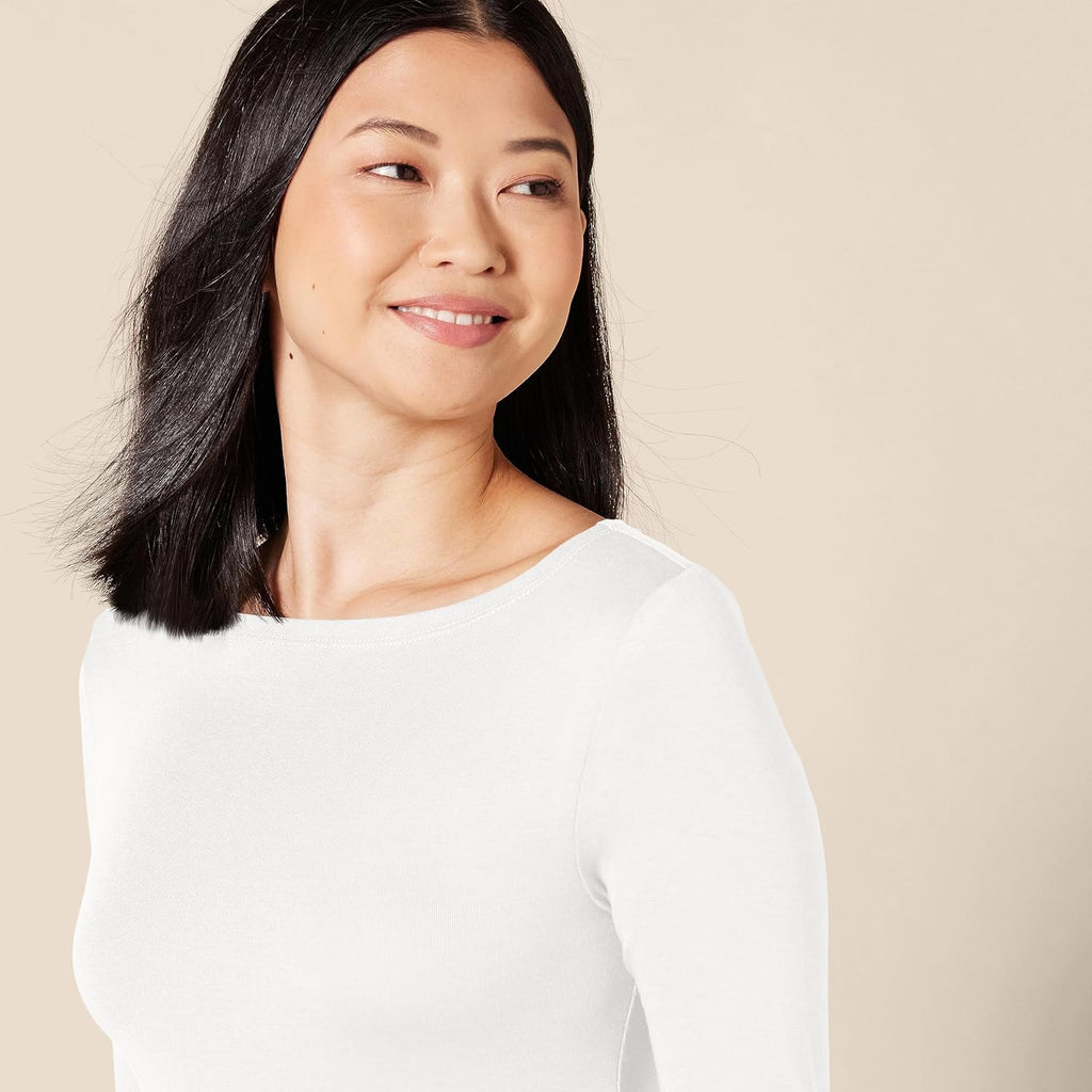 Women's Slim-Fit 3/4 Sleeve Boat Neck Cotton Modal Micro Rib T-Shirt