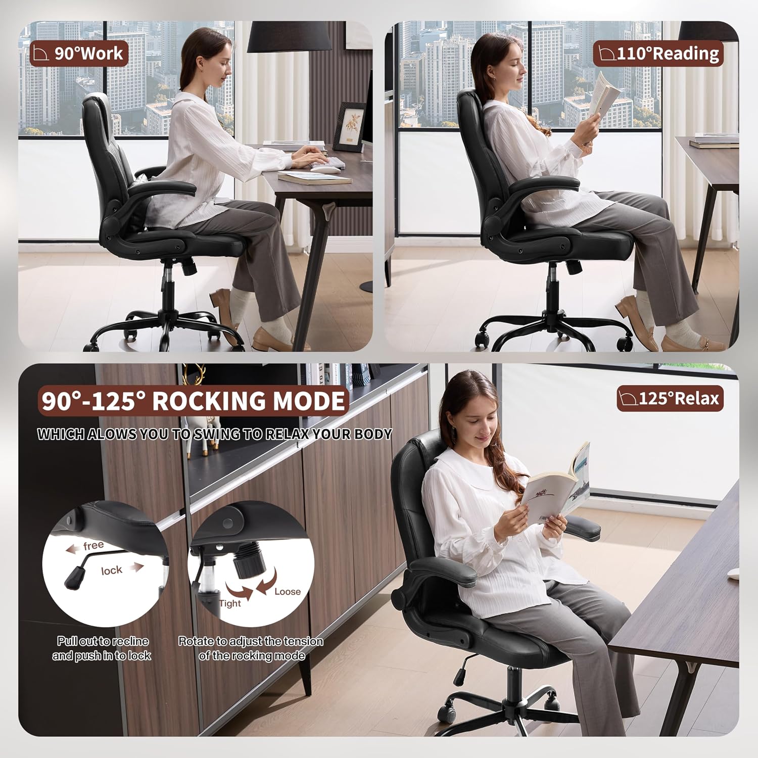 Executive Office Chair Pu,Leather Office Chair With Wheels,360° Swivel Rolling Chair With Padded Arms,Ergonomic Computer Chair With Lumbar Support For Short People Use(Black)