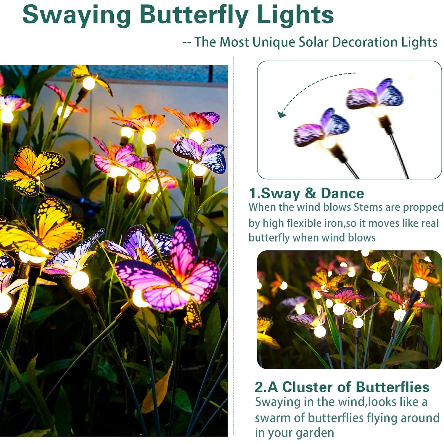 Tonulax Solar Garden Lights - 2 Pack Swaying Butterfly Light, Swaying In The Wind, Solar Outdoor Lights, Yard Patio Pathway Decoration, High Flexibility Iron Wire & Realistic Butterflies