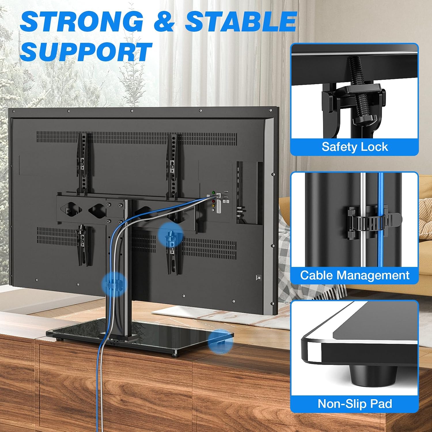 Rfiver Universal Table Top Tv Stand Tv Base Replacement For Most 27-60 Inch Lcd Led Flat Curved Screen Tvs Holds Up To 88Lbs, Height Adjustable Tv Mount Stand With Tempered Glass Base, Vesa 400X400Mm