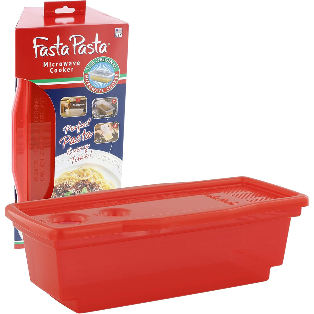 The Original Fasta Pasta Microwave Cooker w Lid and Built-in Strainer (Red)- No More Messes, Waiting for Water to Boil,or Sticky Noodles- Perfect Al Dente Pasta Every time- Patented, It Really Works!