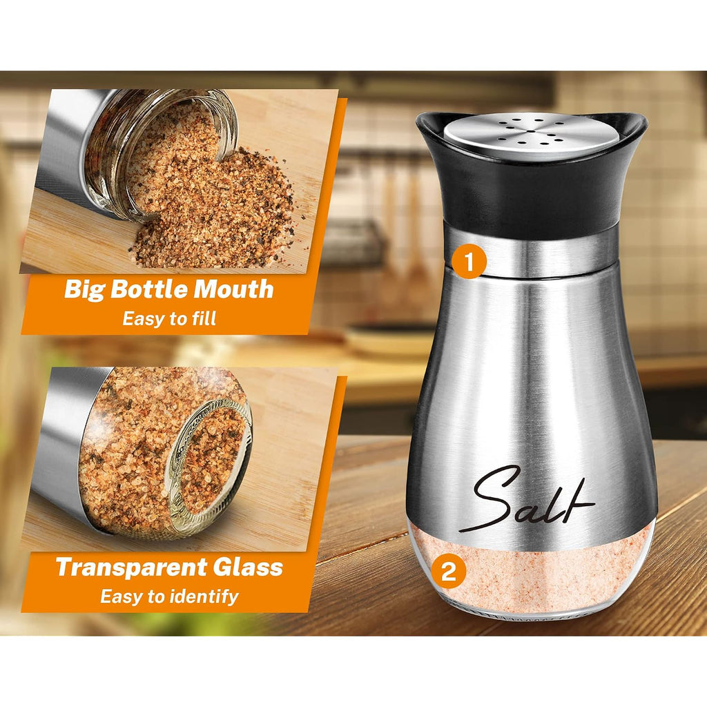 Salt Shakers And Pepper Set,4 Oz Glass Bottom Salt Pepper Shaker With Stainless Steel Lid For Kitchen Gadgets Cooking Table, Rv, Camp,Bbq Refillable Design (Silver)