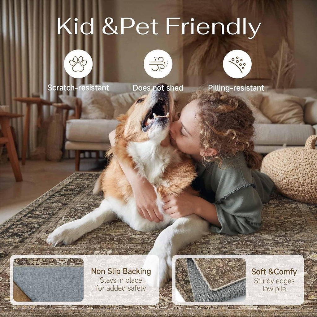 2X6 Runner Rug Machine Washable Brown Hallway Area Rugs Indoor Accent Rugs Floral Low Pile Carpet Distressed Throw Rug Bedroom Living Room Office Dining Kitchen Laundry Non Slip