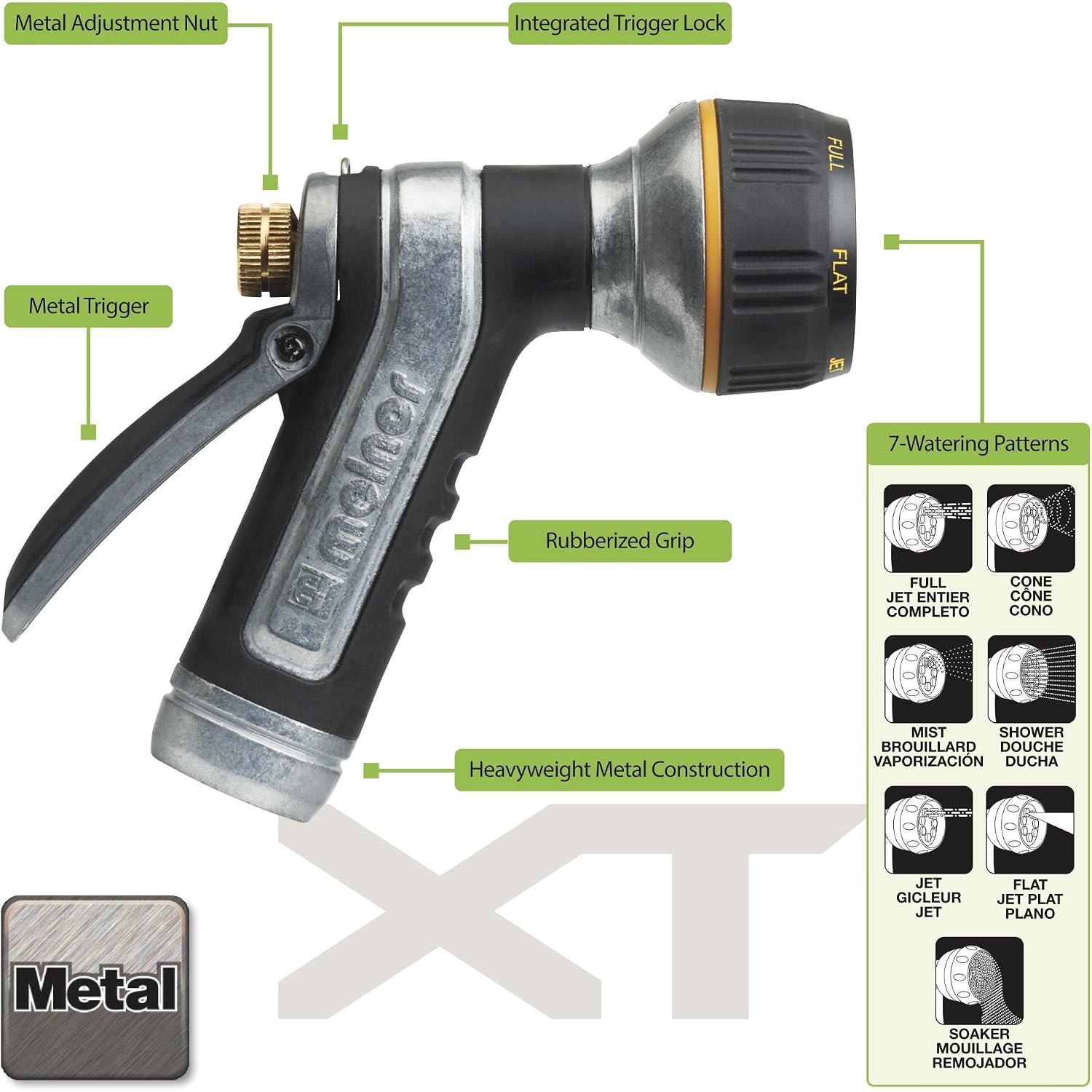 Melnor 65020-Amz Metal Multi-Pattern Hose Nozzle With Rear Trigger Grip, 7 Spray Patterns, Heavy-Duty Metal Construction, Quick Connect Adapter, Black, Orange